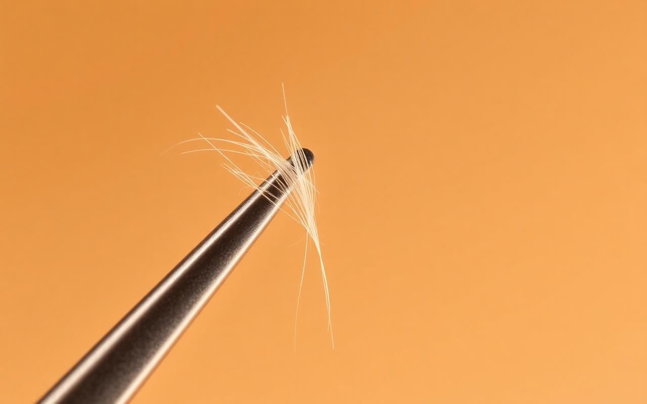 Macro close-up of a needle-fine point tweezer lifting a single hair