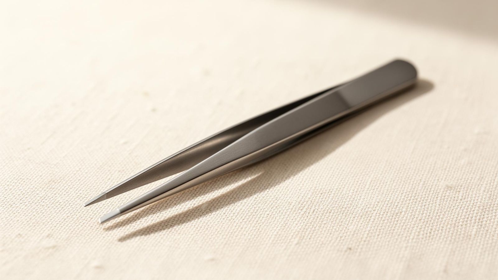 TweezerCo precision eyebrow tweezer in brushed surgical-grade stainless steel resting on warm linen fabric